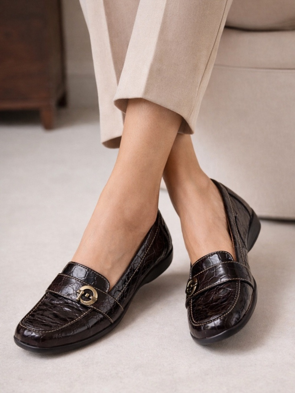 Clarks Dark Brown Croc-Embossed Leather Penny Loafers